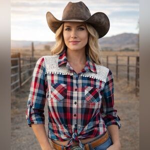 Speechless Plaid Lace Western Blue and Red Button Down Tie Front Shirt Size L